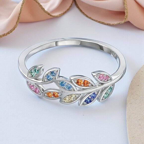 🆕 Minimalist Leaf Ring S925 Sterling Silver Colorful CZ Dainty Olive Branch - Picture 7 of 10